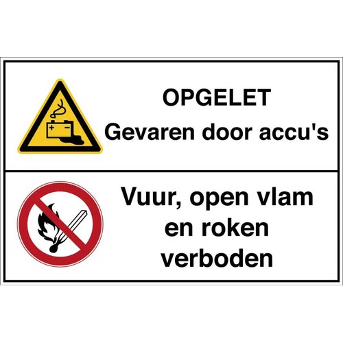 Opgelet Gevaren Door Accu’S / Vuur, Open Vlam En Roken Verboden (Sticker)